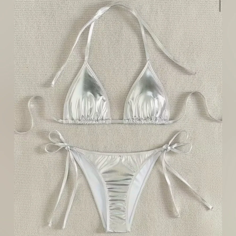 Glamorous Silver Halter Side Tie Bikini Set - Picture 8 of 14